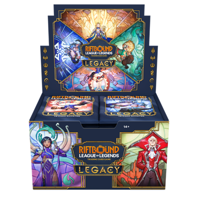 Riftbound League of Legends TCG Legacy Booster Display Set 6 auf Englisch mit 24 Boosterpacks und Champions wie Garen, Lux, Ashe und Tryndamere