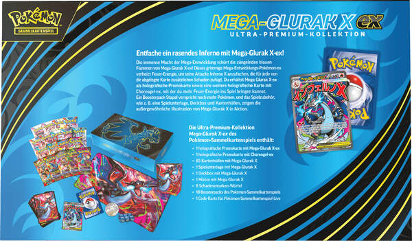 Pokémon TCG Ultra-Premium-Kollektion Mega-Glurak X-ex mit 18 Boostern, Promokarten und exklusivem Zubehör Rückseite