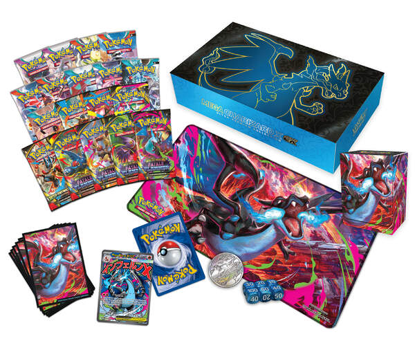 Pokémon TCG Ultra-Premium-Kollektion Mega-Glurak X-ex mit 18 Boostern, Promokarten und exklusivem Zubehör Explosionszeichnung