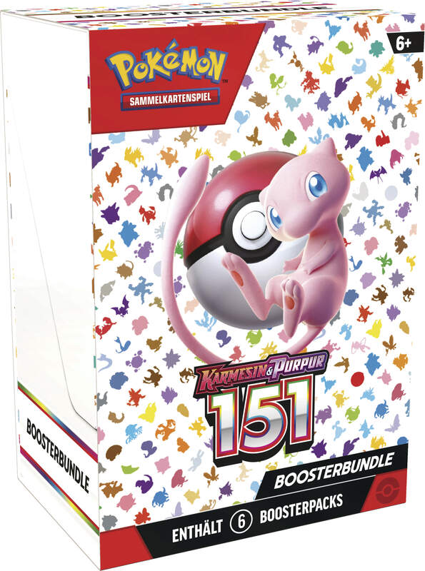 Pokémon 151 Booster Bundle mit 6 Boosterpacks, kompakt verpackt im Design der Karmesin & Purpur 151-Erweiterung mit Motiven klassischer Kanto-Pokémon.