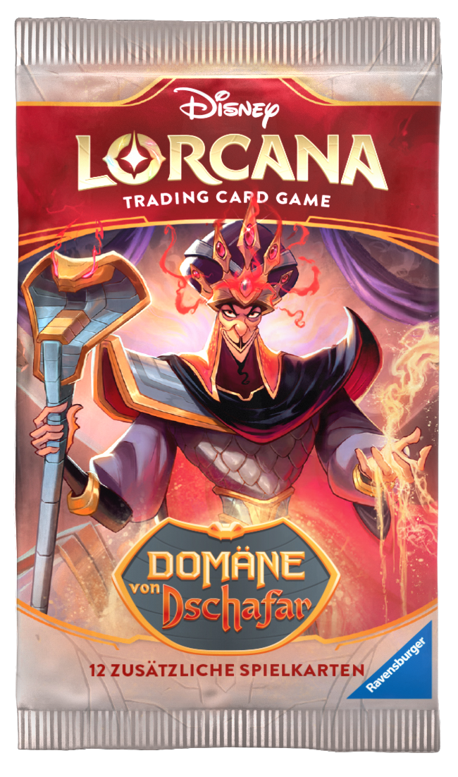 Einzelnes Boosterpack aus Disney Lorcana – Domäne von Dschafar, deutsch, mit 12 zufälligen Sammelkarten