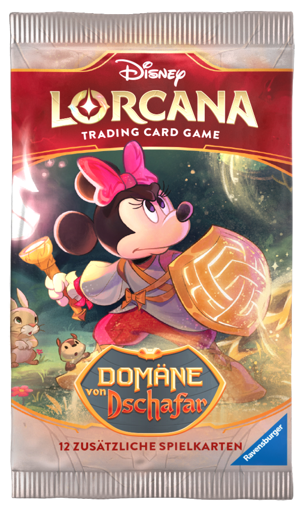 Einzelnes Boosterpack aus Disney Lorcana – Domäne von Dschafar, deutsch, mit 12 zufälligen Sammelkarten