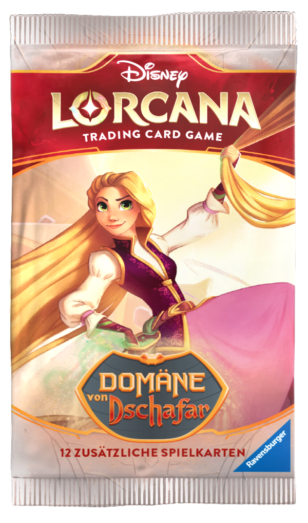 Einzelnes Boosterpack aus Disney Lorcana – Domäne von Dschafar, deutsch, mit 12 zufälligen Sammelkarten