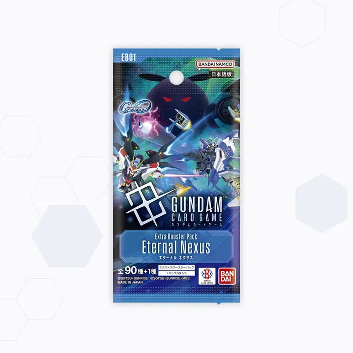 Gundam Card Game Extra Booster Display EB01 in englischer Sprache mit 24 Boosterpacks, zeigt die versiegelte Displaybox zur Erweiterung bestehender Decks und Sammlungen im Gundam Trading Card Game