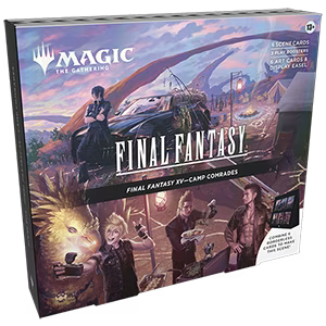 Magic: The Gathering – FINAL FANTASY Scene Box „Camp Comrades“ mit Noctis & Gefährten am Lagerfeuer. Enthält 6 Foil Scene Cards, 6 Art-Cards, 3 Booster & Display.