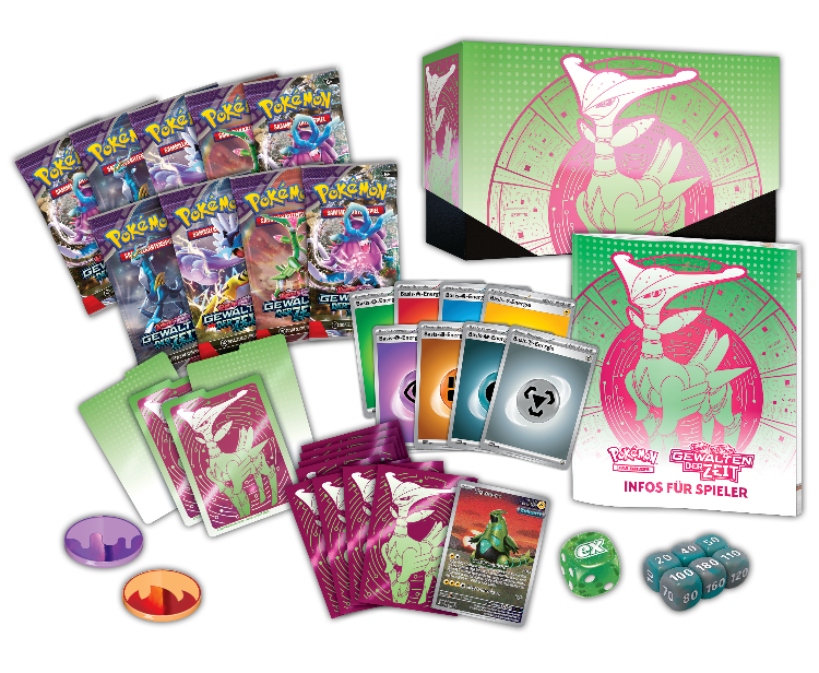 Pokémon Top-Trainer-Box Gewalten der Zeit – Eisenblatt (Deutsch) mit Promokarte, 9 Boostern, Zubehör & Sammelbox - Inhalt Übersicht