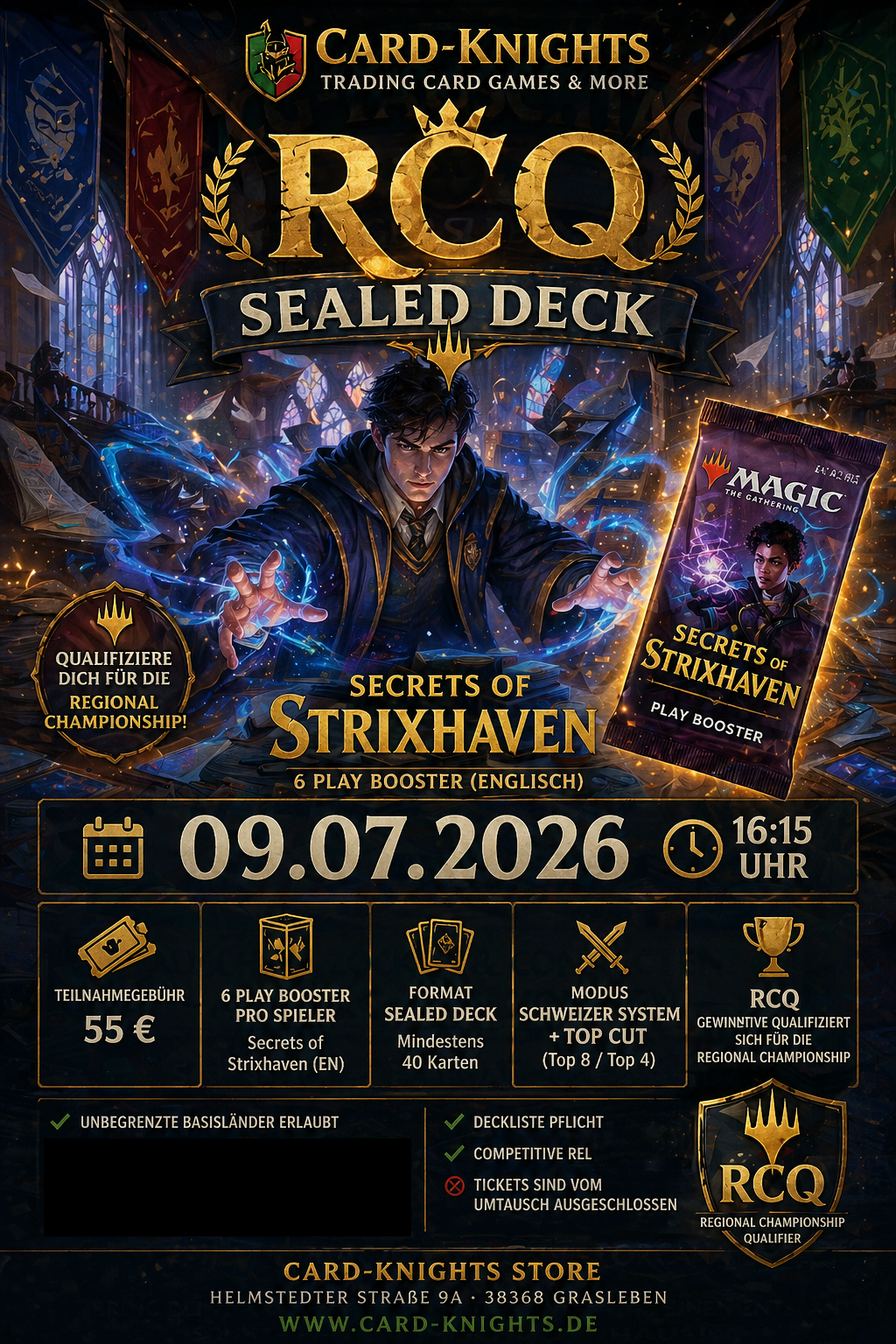 MTG RCQ Sealed Turnierposter im Strixhaven Stil mit magischem Duell und Boosterpack Darstellung für Competitive Magic Event