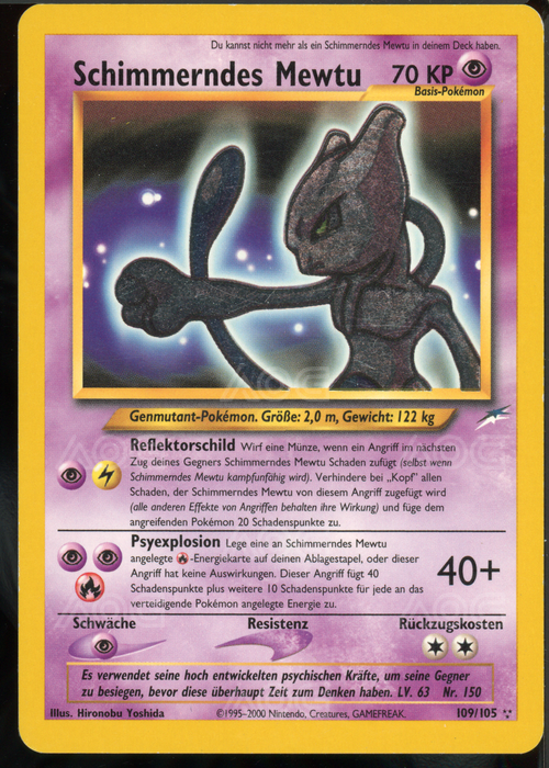 Pokémonkarte Schimmerndes Mewtu 109/105 aus Neo Destiny (2002), Deutsch, Secret Rare, mit AOG Grading 5.5 – seltenes Sammlerstück in schimmernder Ausführung.