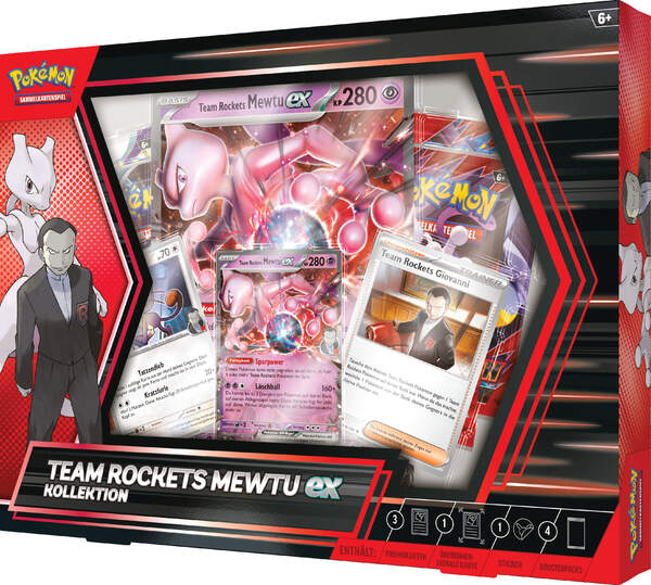 Pokémon Team Rockets Mewtu-ex Kollektion – Box Vorderseite mit Promokarten, Boostern und Sticker