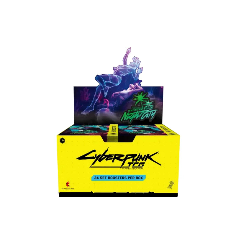 Cyberpunk TCG Welcome to Night City Retail Booster Display auf Englisch mit 24 Boosterpacks, 288 Sammelkarten und exklusiven Iconic Rare Alt-Art-Karten