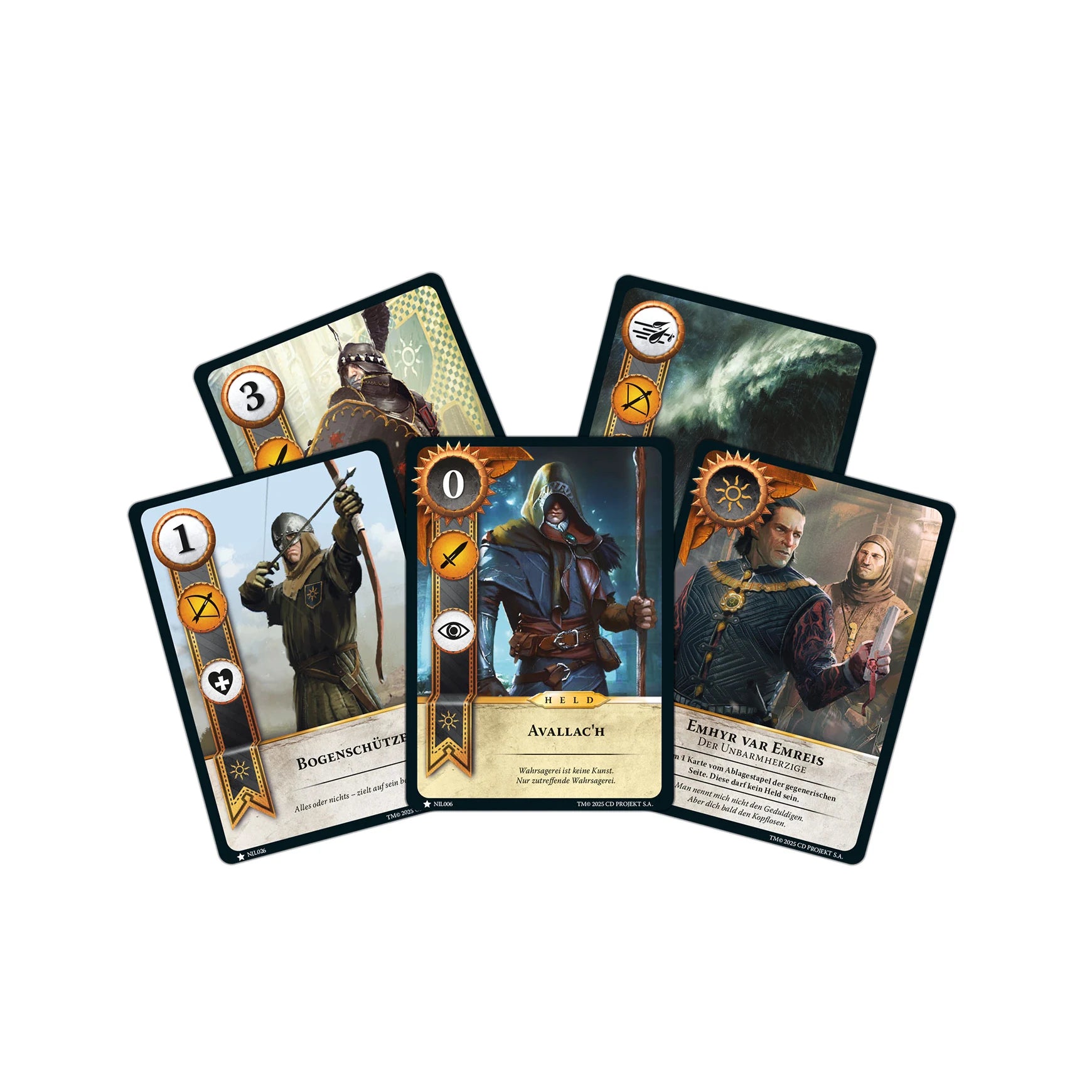 Spielmaterial und Fraktionskarten von Gwent auf dem Tisch