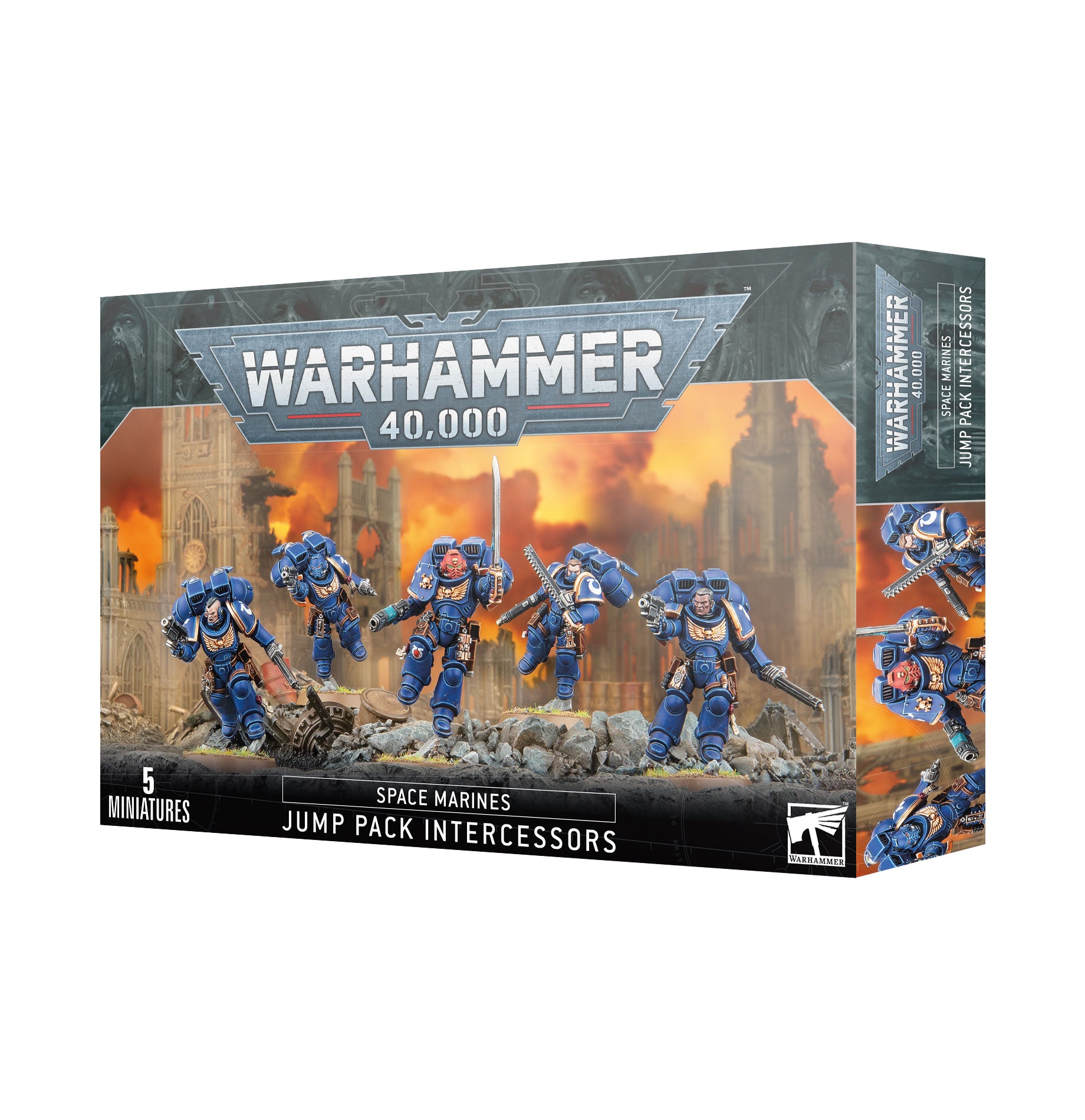 Warhammer 40K Jump Pack Intercessors – 5 Primaris Space Marines mit Sprungmodulen, Chainswords und Heavy Bolt Pistols auf 40 mm Bases.