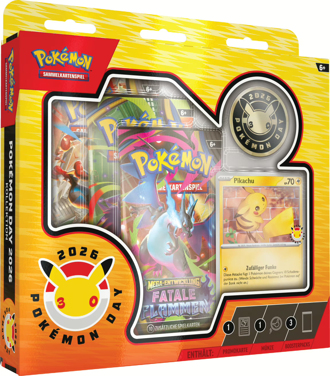 Pokémon Day 2026 Kollektion mit Pikachu Promo, Jubiläums-Münze und drei Boosterpacks.