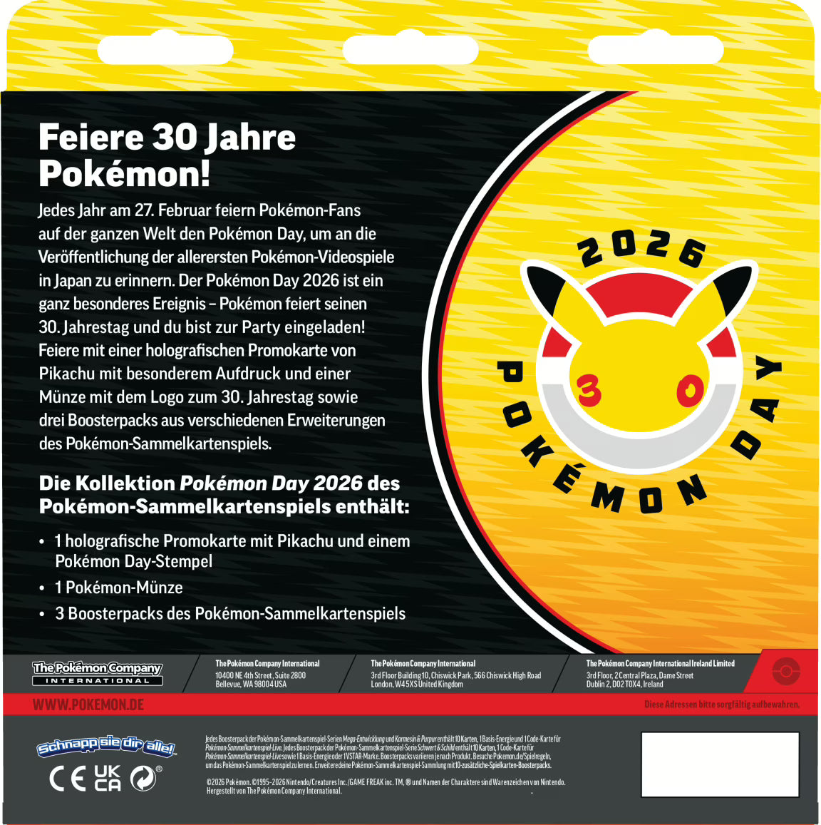Pokémon Day 2026 Kollektion mit Pikachu Promo, Jubiläums-Münze und drei Boosterpacks.