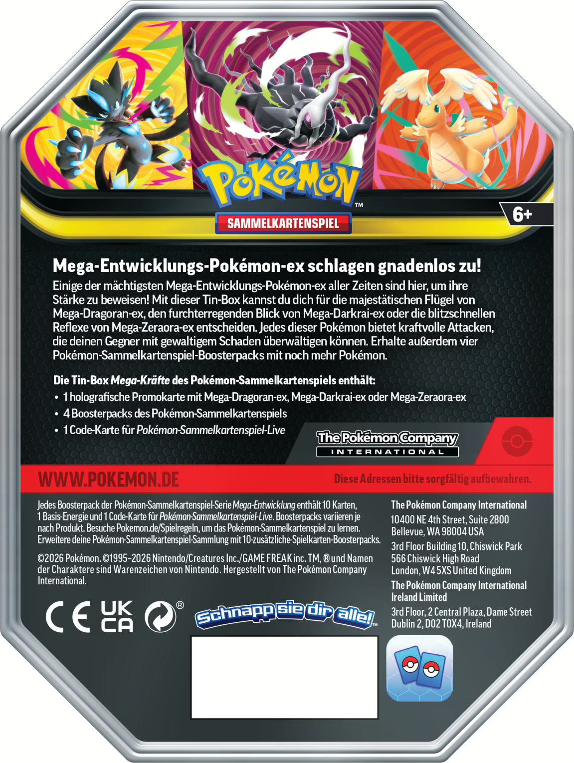 Pokémon Tin 130 Mega-Dragoran-ex mit exklusiver holografischer Promokarte, zeigt die hochwertige Metallbox der Mega-Entwicklungs-Serie mit vier enthaltenen Boosterpacks des Pokémon-Sammelkartenspiels