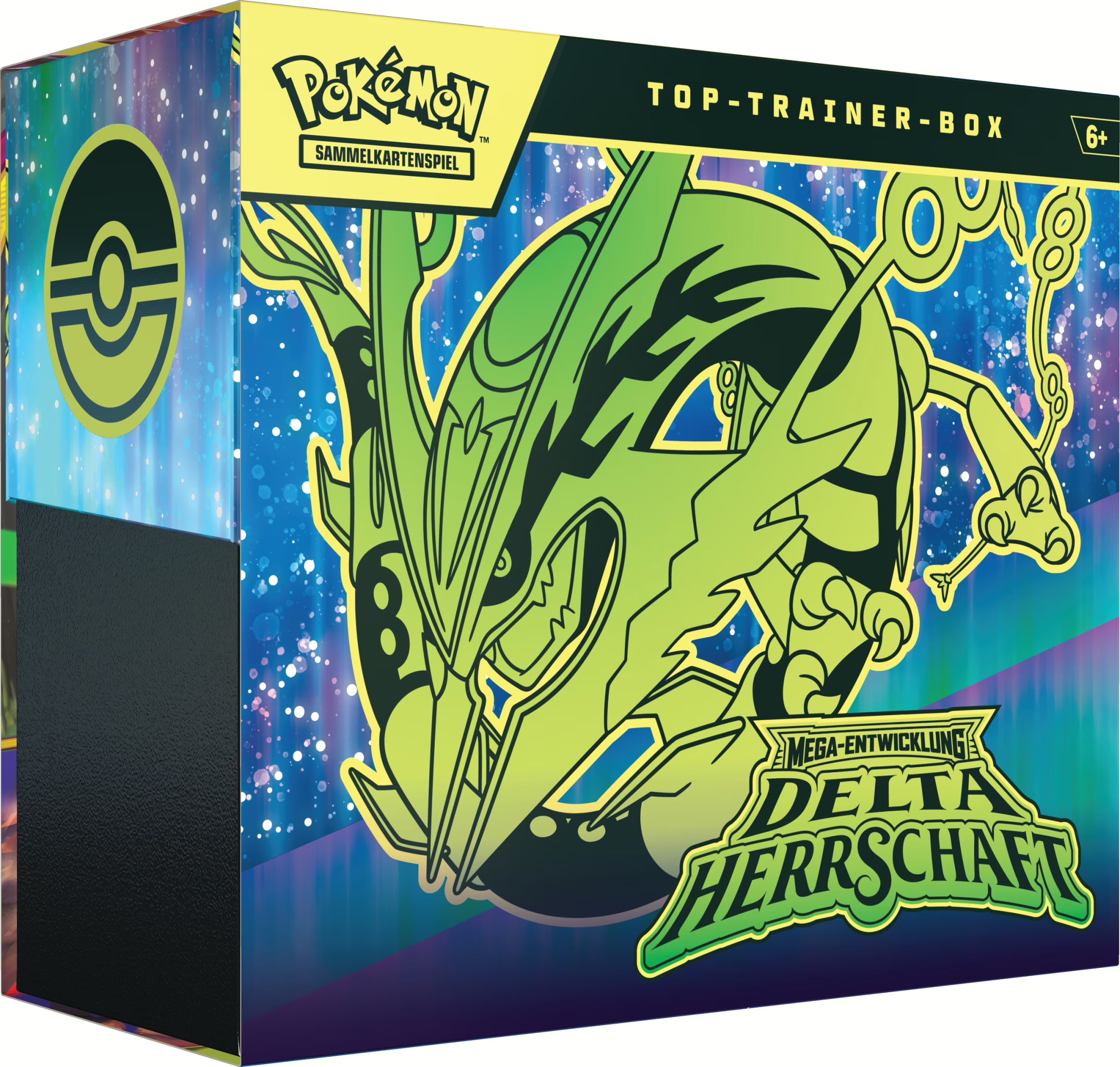Pokémon ME06 Delta-Herrschaft Top-Trainer-Box auf Deutsch mit 9 Boosterpacks, Kyogre Vollbild-Promokarte und Mega-Rayquaza-ex Kartenhüllen
