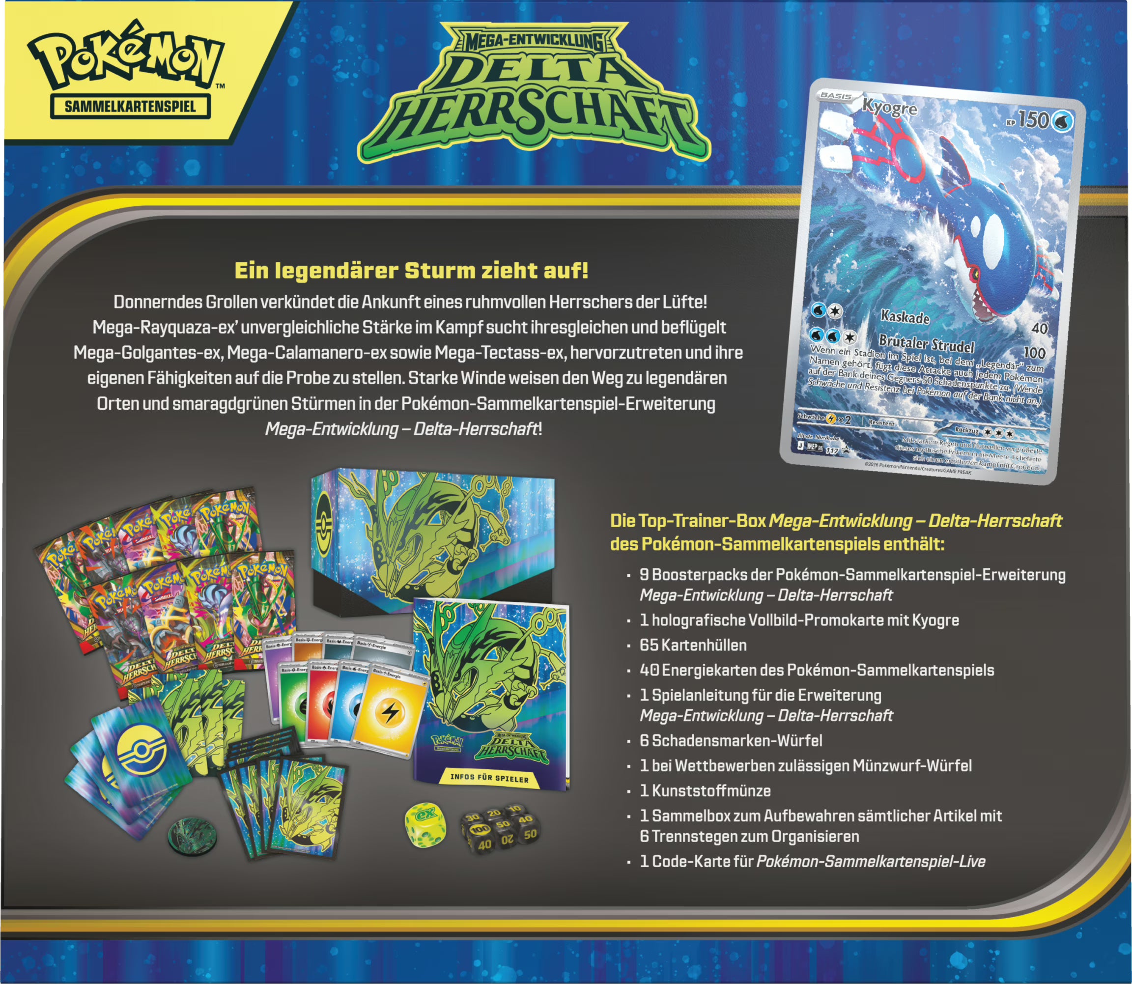 Pokémon ME06 Delta-Herrschaft Top-Trainer-Box auf Deutsch mit 9 Boosterpacks, Kyogre Vollbild-Promokarte und Mega-Rayquaza-ex Kartenhüllen