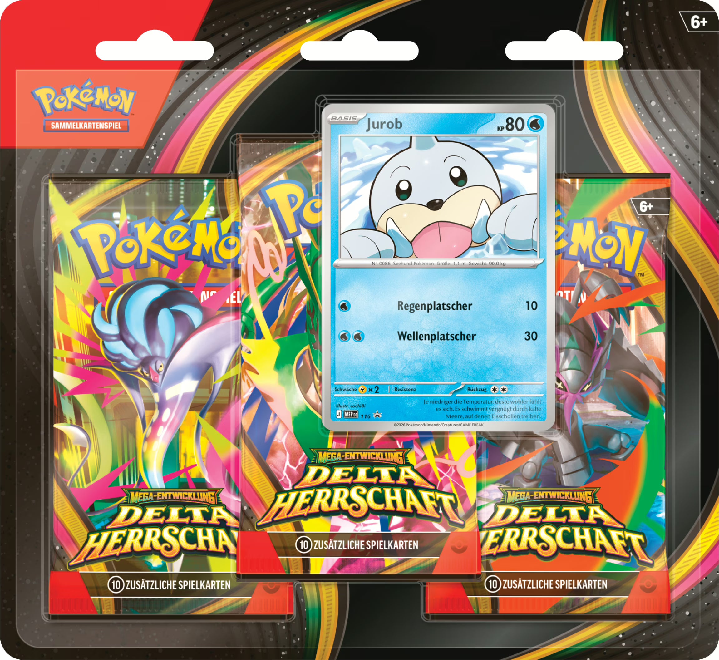 Pokémon ME06 Delta-Herrschaft 3-Pack-Blister auf Deutsch mit drei Boosterpacks und holografischer Jurob-Promokarte