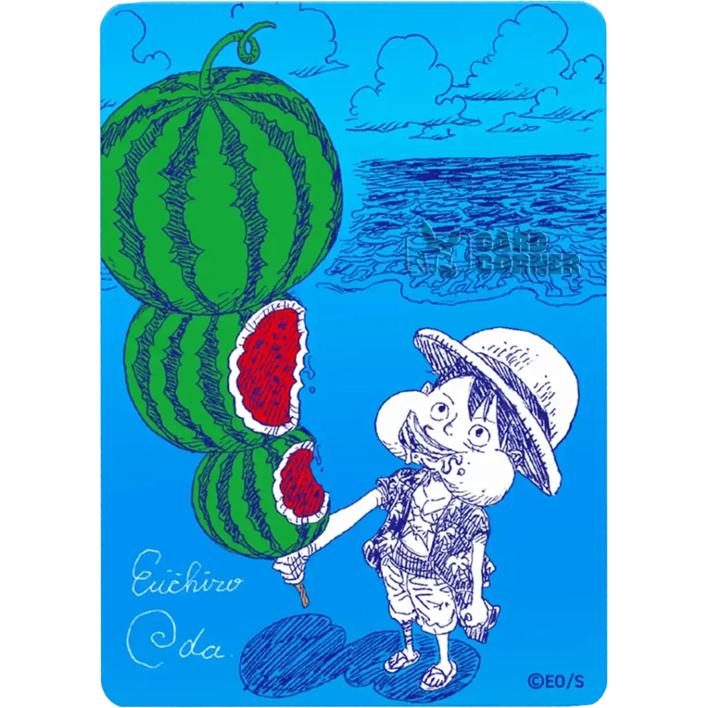 One Piece NatsuComi 2026 Watermelon Monkey D. Luffy Promo Karte auf Japanisch mit Metallic Foil und aufgedruckter Eiichiro Oda Signatur
