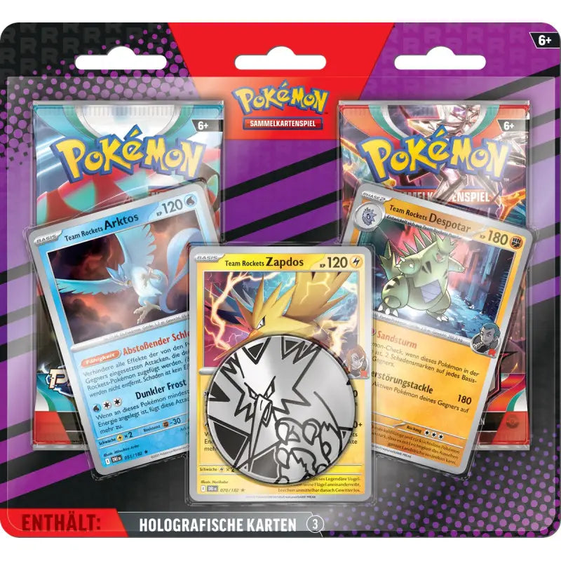 Pokémon Enhanced 2-Pack Blister Oktober 2025 – 3 holografische Promokarten mit Team Rocket’s Arktos, Zapdos & Despotar, 2 Boosterpacks und Pokémon-Münze