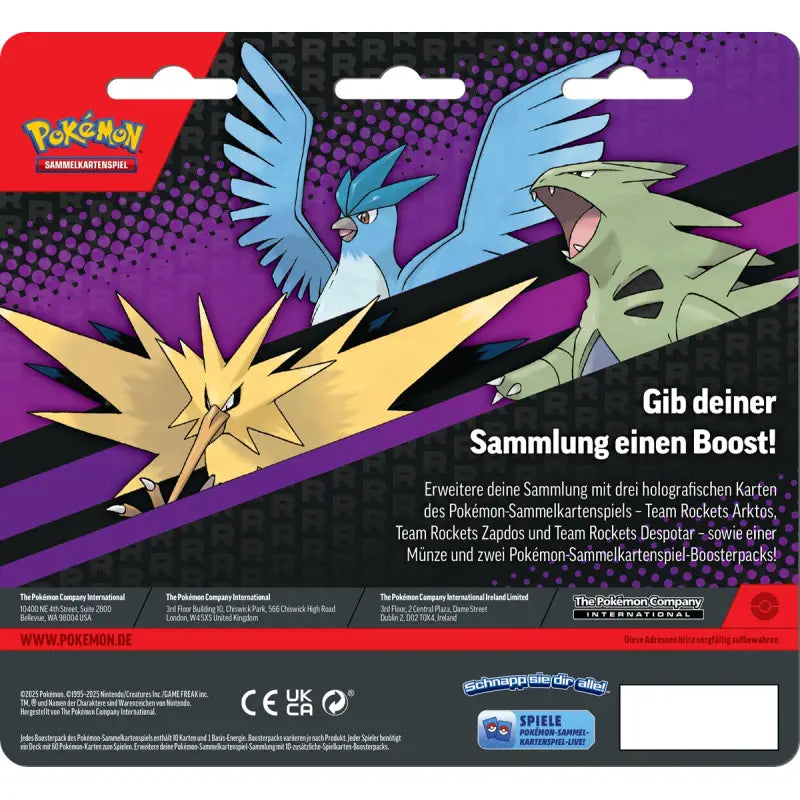 Pokémon Enhanced 2-Pack Blister Oktober 2025 – 3 holografische Promokarten mit Team Rocket’s Arktos, Zapdos & Despotar, 2 Boosterpacks und Pokémon-Münze