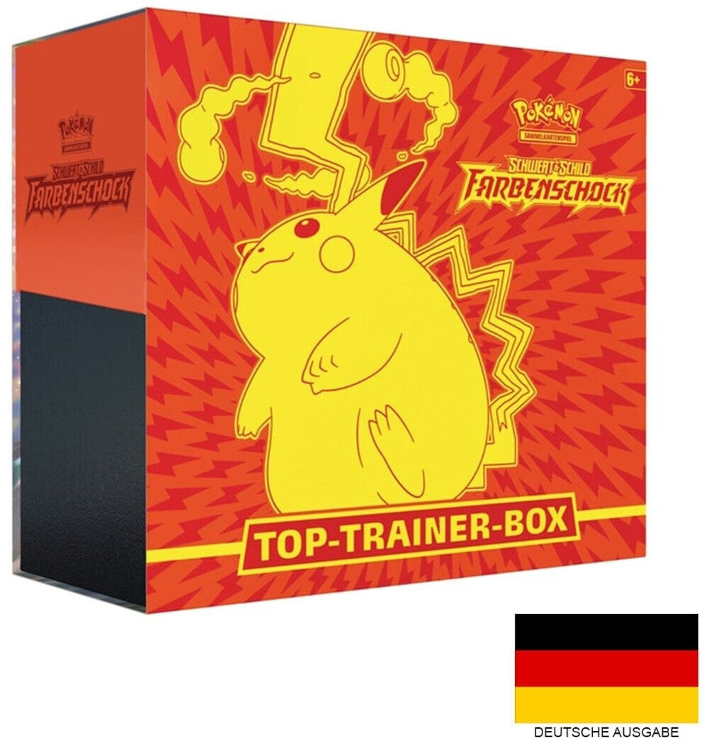 Pokémon Schwert & Schild Farbenschock Top-Trainer-Box in deutscher Sprache mit 8 Boosterpacks, Gigadynamax-Pikachu-Kartenhüllen, Energiekarten, Spielzubehör und Sammelbox für das Pokémon-Sammelkartenspiel.
