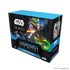 Abbildung der Prerelease-Box von Star Wars: Unlimited – Legenden der Macht. Die Box enthält sechs Boosterpacks, Spielmaterial und zwei exklusive Promokarten mit den Anführern Darth Maul und Qui-Gon Jinn.