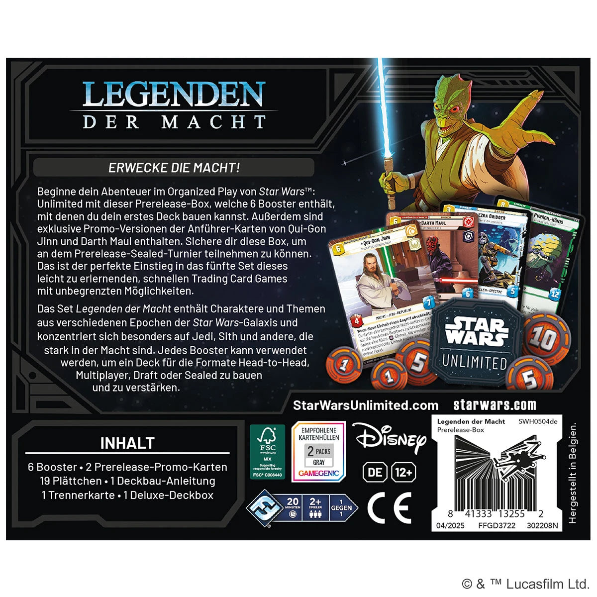 Abbildung der Prerelease-Box von Star Wars: Unlimited – Legenden der Macht. Die Box enthält sechs Boosterpacks, Spielmaterial und zwei exklusive Promokarten mit den Anführern Darth Maul und Qui-Gon Jinn. - Rückseite