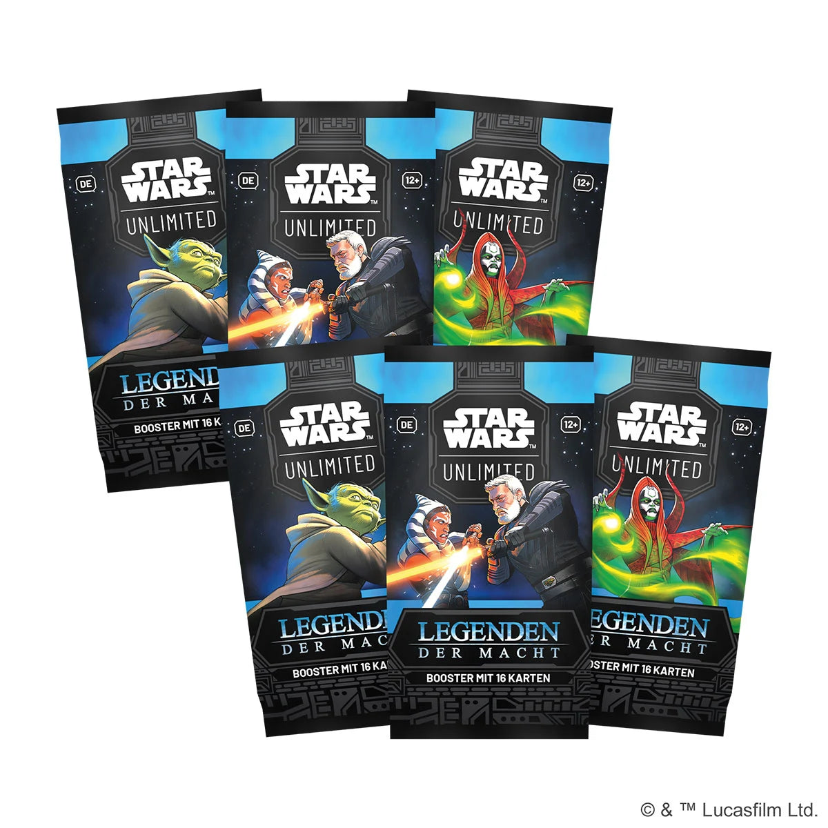 Abbildung der Prerelease-Box von Star Wars: Unlimited – Legenden der Macht. Die Box enthält sechs Boosterpacks, Spielmaterial und zwei exklusive Promokarten mit den Anführern Darth Maul und Qui-Gon Jinn. - 6 Booster
