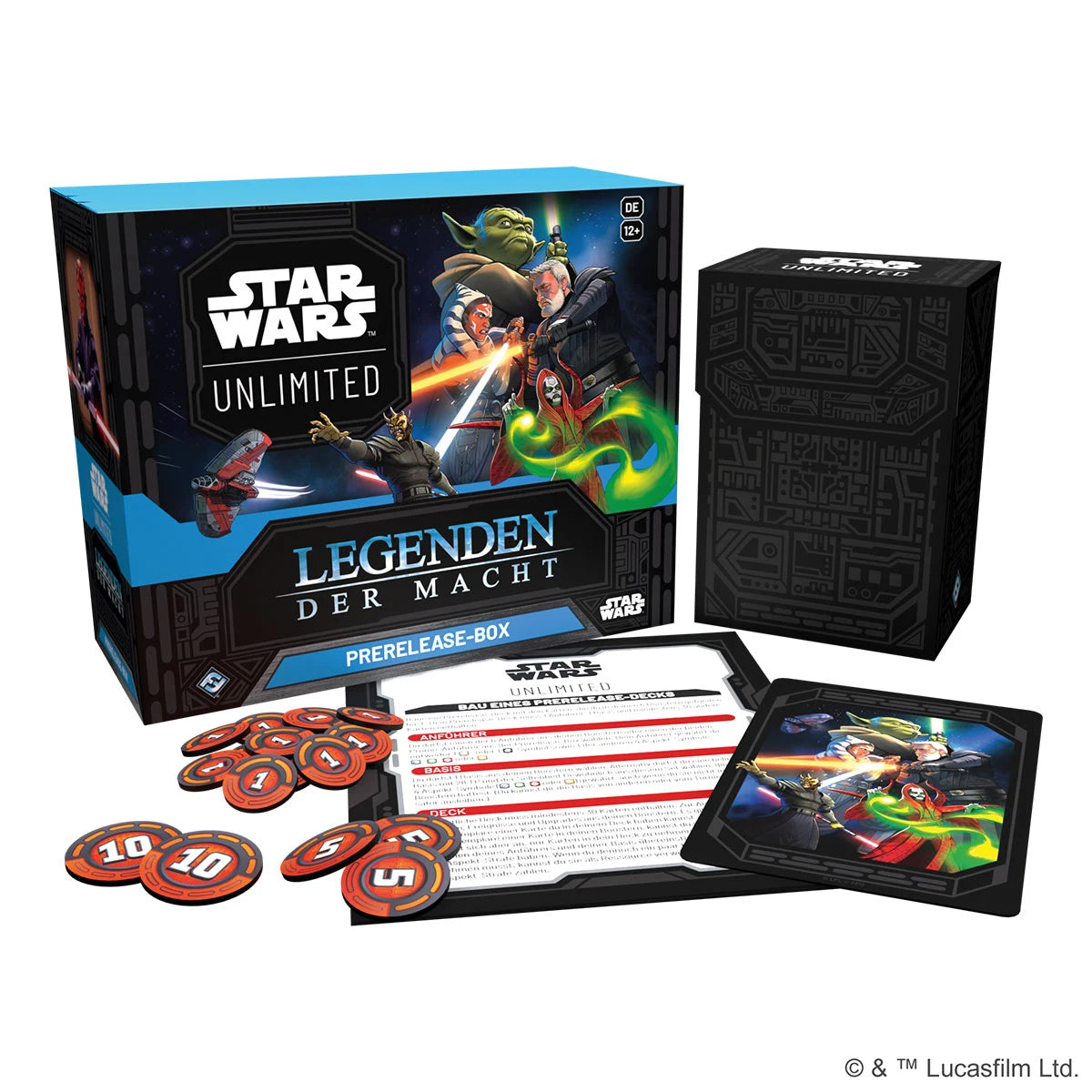 Abbildung der Prerelease-Box von Star Wars: Unlimited – Legenden der Macht. Die Box enthält sechs Boosterpacks, Spielmaterial und zwei exklusive Promokarten mit den Anführern Darth Maul und Qui-Gon Jinn. - Explosionsabbildung