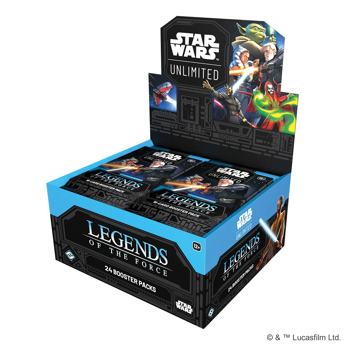 Verpackung des Star Wars Unlimited Booster-Displays Legends of the Force. Box mit 24 Boosterpacks, galaktischem Artwork, Lichtschwert-Motiven und Logos. Enthaltene Karten stammen aus verschiedenen Star Wars Epochen.