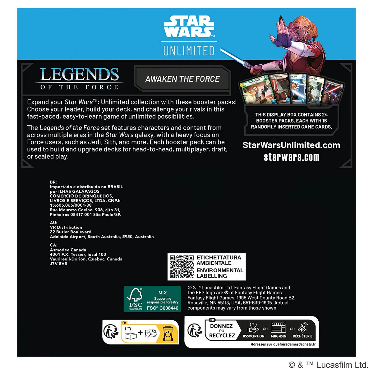 Verpackung des Star Wars Unlimited Booster-Displays Legends of the Force. Box mit 24 Boosterpacks, galaktischem Artwork, Lichtschwert-Motiven und Logos. Enthaltene Karten stammen aus verschiedenen Star Wars Epochen.