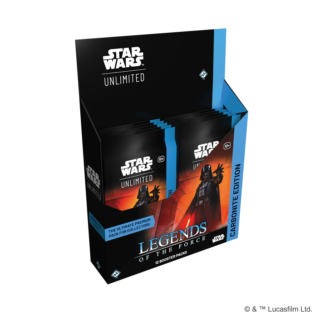 Verpackung des Carbonite Booster Displays aus SWU – Legends of the Force mit silber-bläulichem Design, galaktischem Hintergrund und Star Wars Branding. Enthalten sind 12 Premium-Boosterpacks mit exklusiven Prestige-Karten.