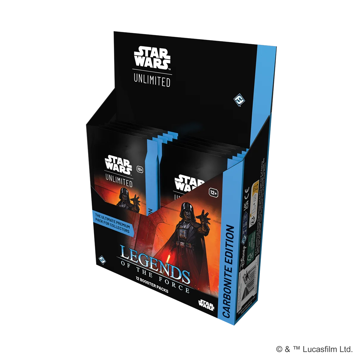 Verpackung des Carbonite Booster Displays aus SWU – Legends of the Force mit silber-bläulichem Design, galaktischem Hintergrund und Star Wars Branding. Enthalten sind 12 Premium-Boosterpacks mit exklusiven Prestige-Karten.