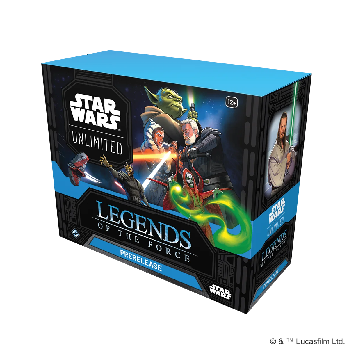 Verpackung der SWU Prerelease Box Legends of the Force mit 6 enthaltenen Boostern, exklusiven Promokarten von Qui-Gon Jinn und Darth Maul, Damage-Countern und weiteren Turniermaterialien.