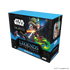 Verpackung der SWU Prerelease Box Legends of the Force mit 6 enthaltenen Boostern, exklusiven Promokarten von Qui-Gon Jinn und Darth Maul, Damage-Countern und weiteren Turniermaterialien.