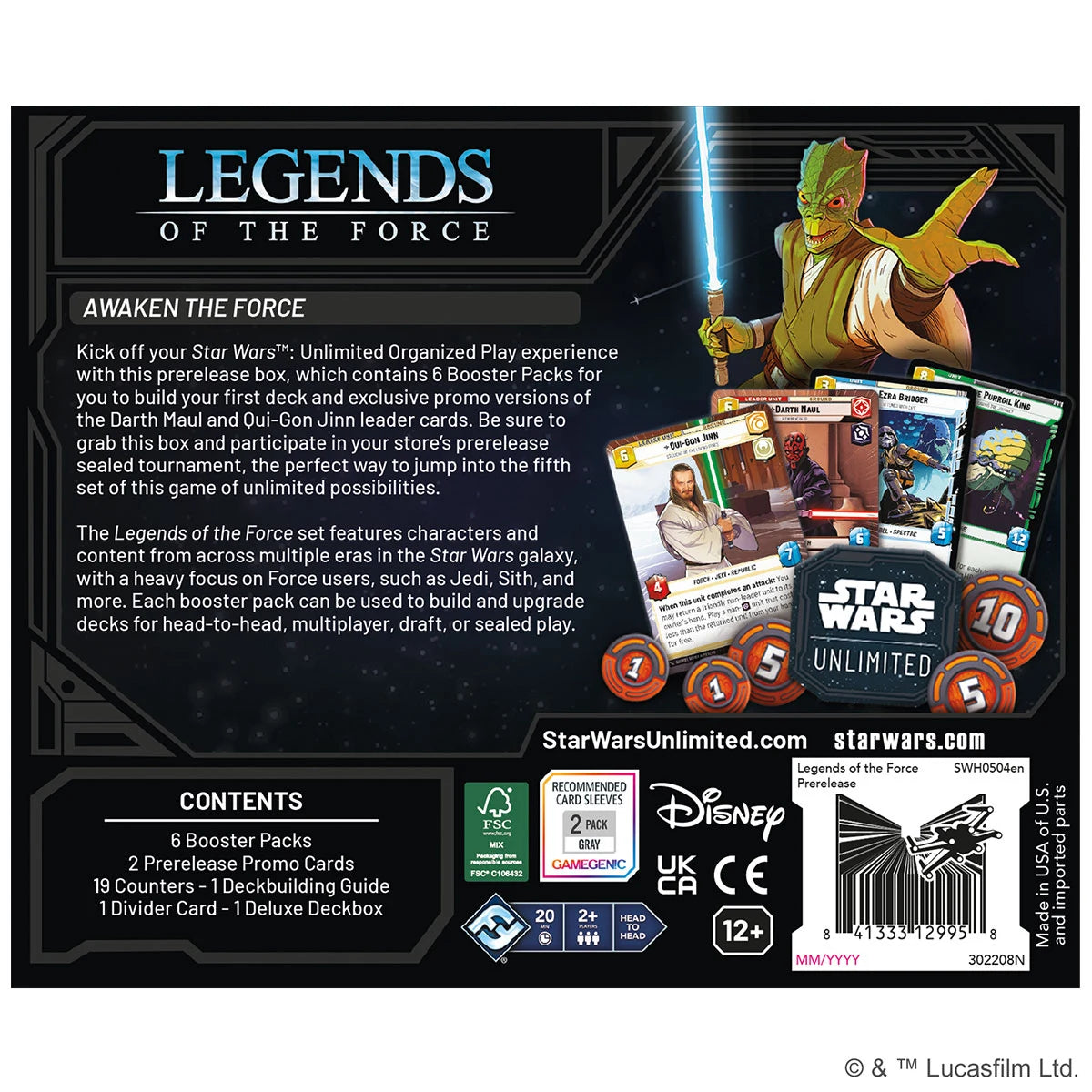 Verpackung der SWU Prerelease Box Legends of the Force mit 6 enthaltenen Boostern, exklusiven Promokarten von Qui-Gon Jinn und Darth Maul, Damage-Countern und weiteren Turniermaterialien. Rückansicht