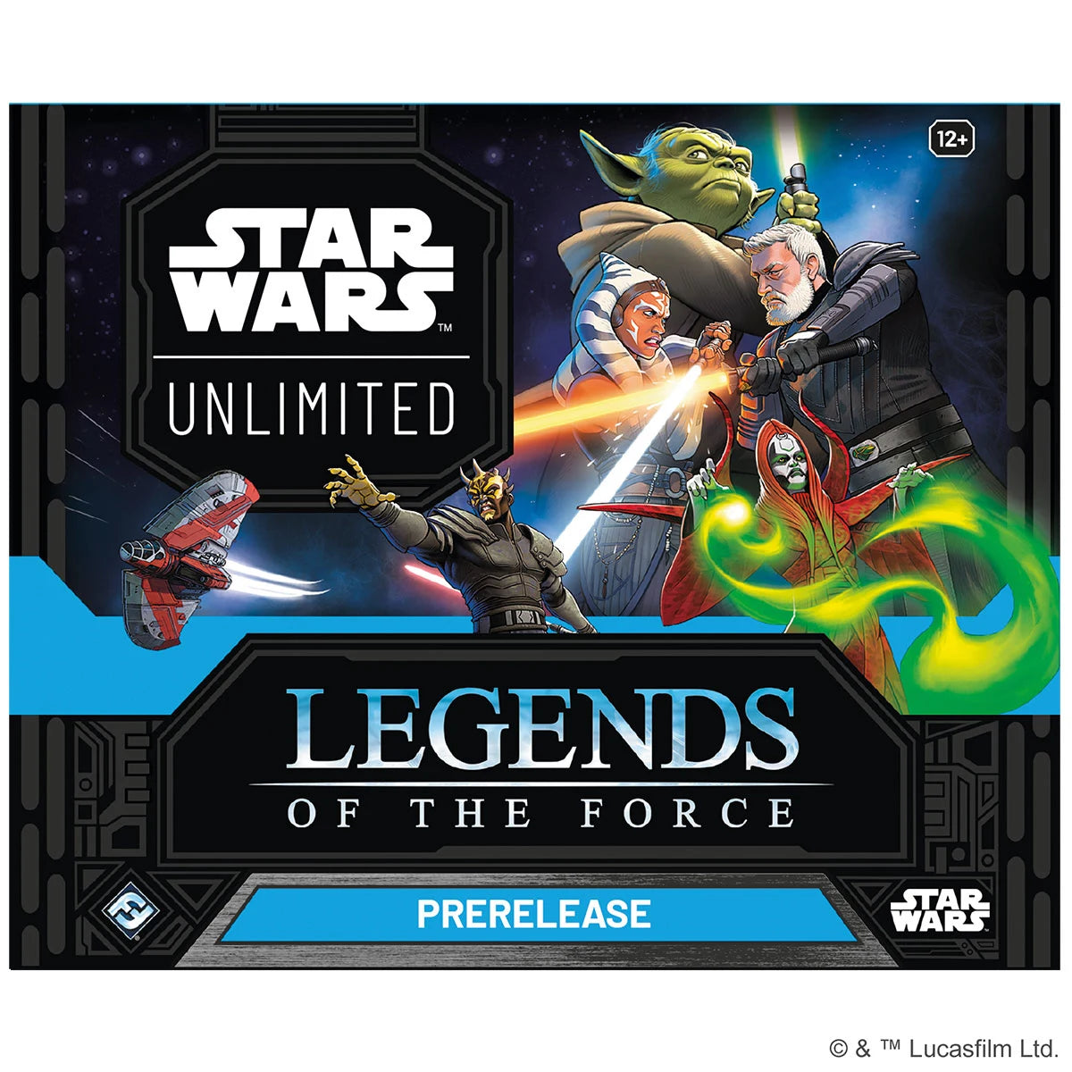 Verpackung der SWU Prerelease Box Legends of the Force mit 6 enthaltenen Boostern, exklusiven Promokarten von Qui-Gon Jinn und Darth Maul, Damage-Countern und weiteren Turniermaterialien.