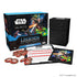 Verpackung der SWU Prerelease Box Legends of the Force mit 6 enthaltenen Boostern, exklusiven Promokarten von Qui-Gon Jinn und Darth Maul, Damage-Countern und weiteren Turniermaterialien. Explosionszeichnung