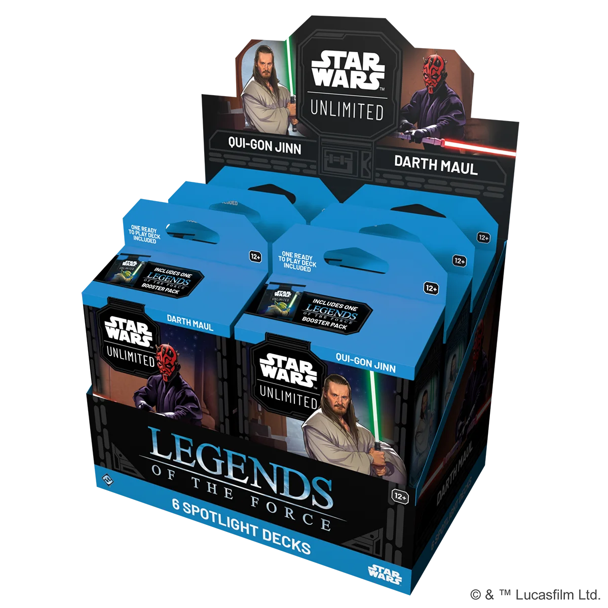 Spotlight-Deck „Qui-Gon Jinn“ aus SWU Set 5 mit Jedi-Grafik, violett-grünem Design und Boosterpack. Verpackung zeigt Qui-Gon in dynamischer Pose mit Lichtschwert.