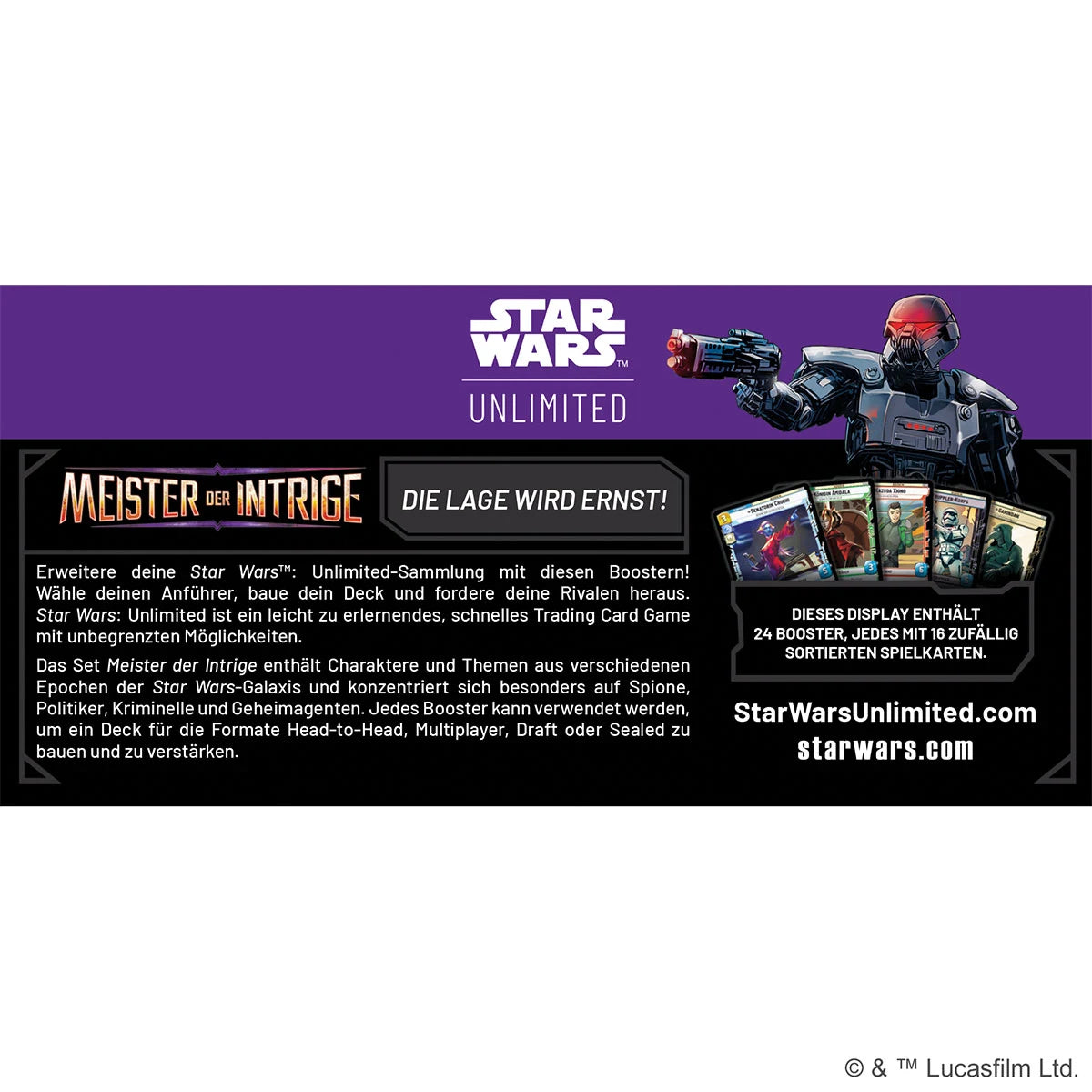 Star Wars: Unlimited – Meister der Intrige Booster-Display mit 24 Packs, Rare & Foil Karten, Hyperspace-Varianten und Spionage-Motiv im Star-Wars-Design.