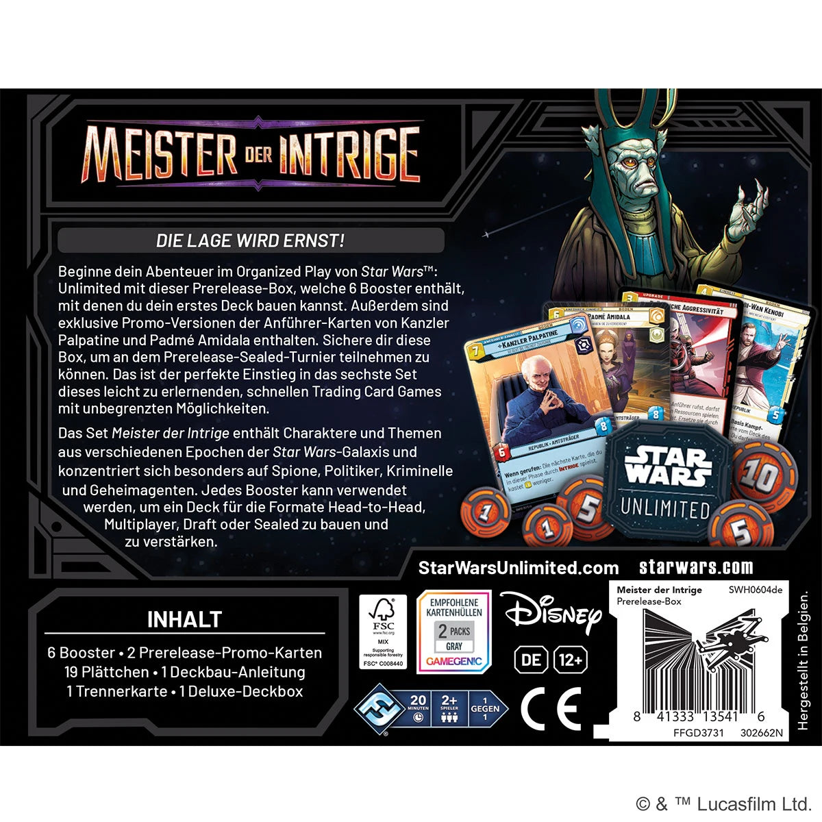 Star Wars: Unlimited – Meister der Intrige Prerelease-Box mit 6 Boostern, exklusiven Promo-Karten von Padmé Amidala und Kanzler Palpatine im Galaxis-Design. Rückseite