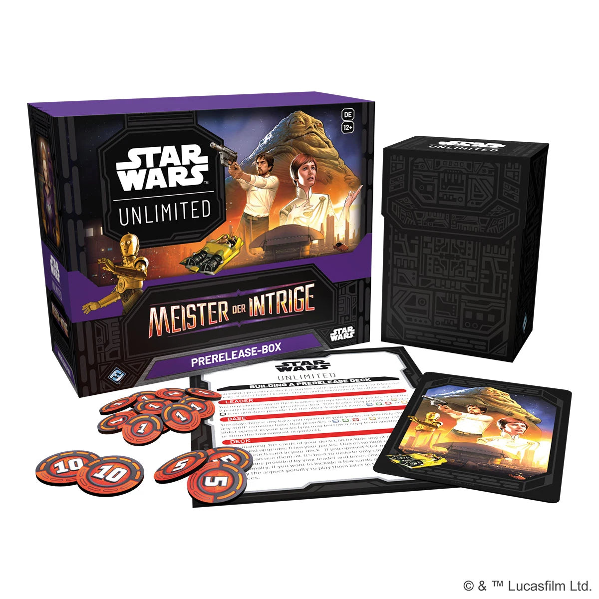 Star Wars: Unlimited – Meister der Intrige Prerelease-Box mit 6 Boostern, exklusiven Promo-Karten von Padmé Amidala und Kanzler Palpatine im Galaxis-Design. Inhalt