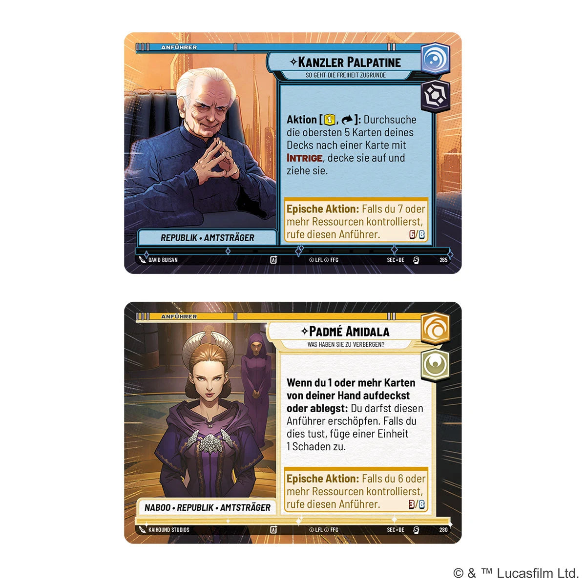 Star Wars: Unlimited – Meister der Intrige Prerelease-Box mit 6 Boostern, exklusiven Promo-Karten von Padmé Amidala und Kanzler Palpatine im Galaxis-Design. 2 Anführer Karten aus dem Set.