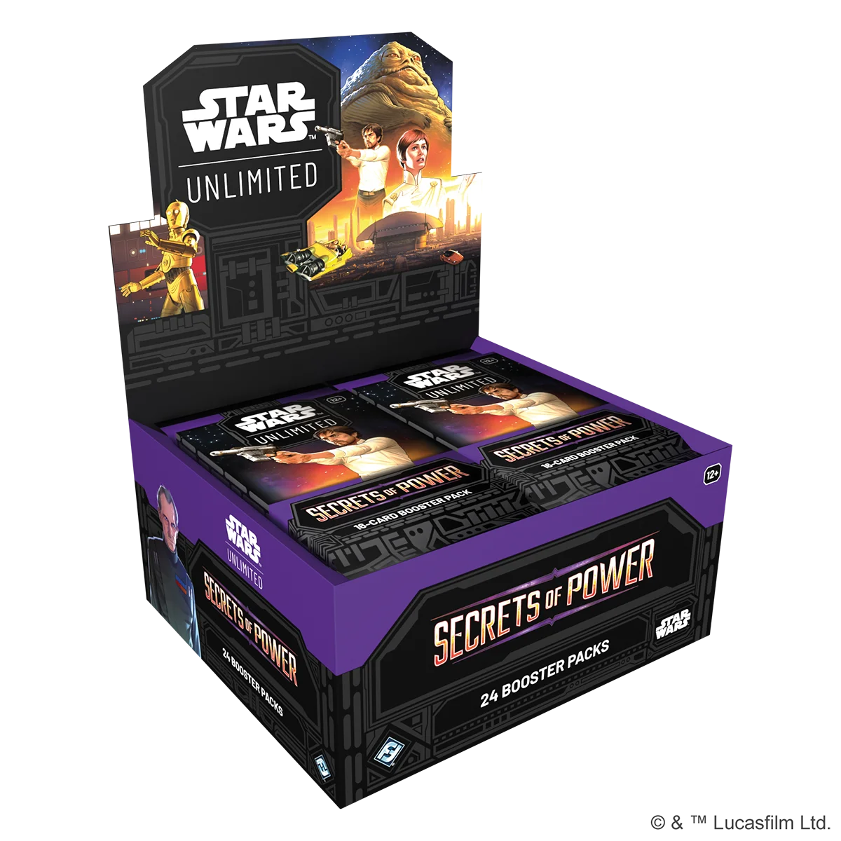 Star Wars: Unlimited – Secrets of Power Booster Display with 24 packs, featuring iconic Star Wars characters, spies, and agents in a galactic design.