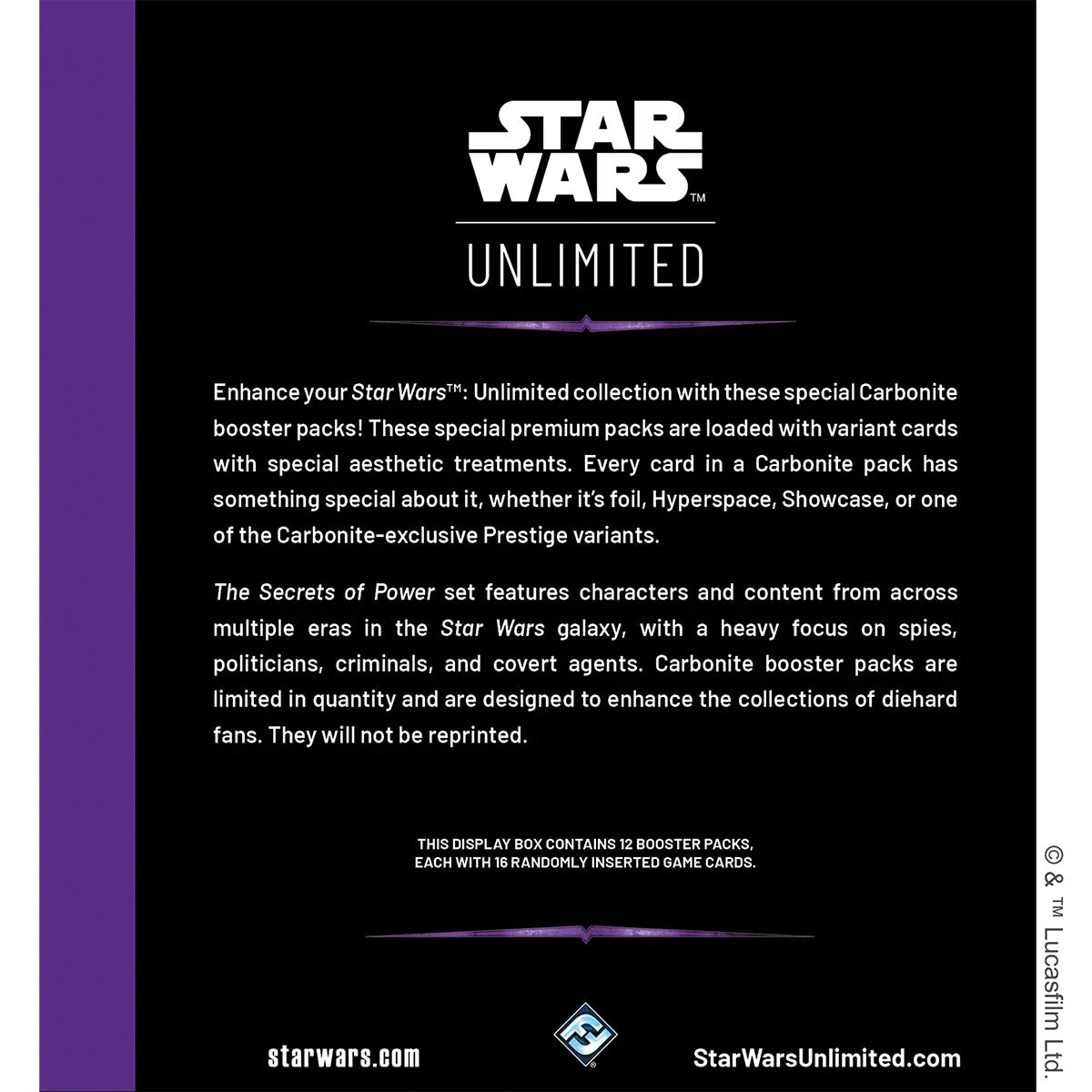 Star Wars: Unlimited – Secrets of Power Carbonite Booster Display with 12 premium packs featuring Hyperspace Leaders and Prestige Cards.