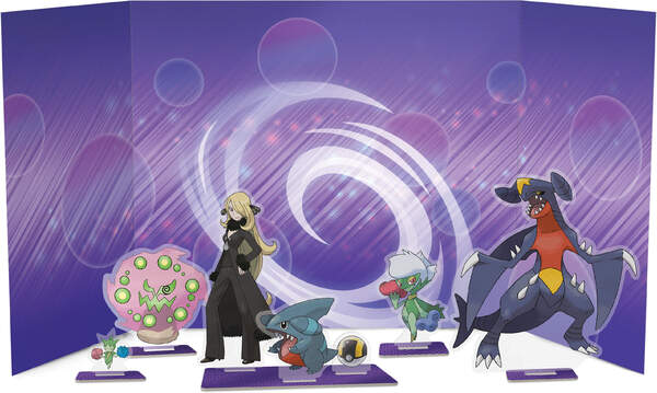 Pokémon Cynthias Knakrack-ex Premium-Kollektion – Box mit Promokarten, Boostern, Sticker und Aufstellern - Übersicht Aufsteller