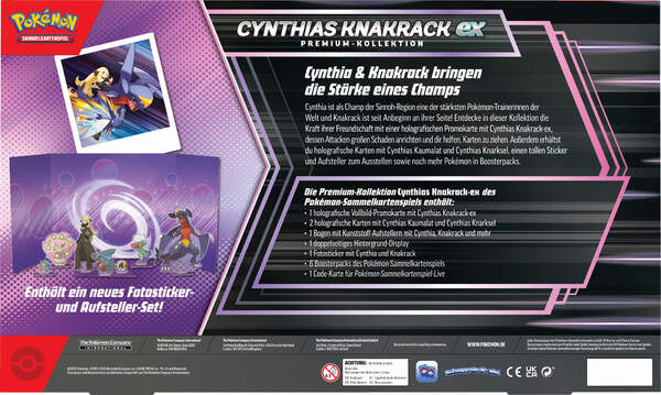 Pokémon Cynthias Knakrack-ex Premium-Kollektion – Box mit Promokarten, Boostern, Sticker und Aufstellern - Rückseite