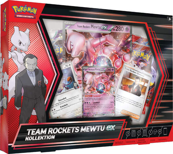 Pokémon Team Rockets Mewtu-ex Kollektion – Box Vorderseite mit Promokarten, Boostern und Sticker
