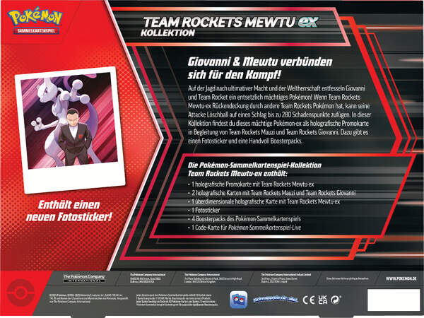 Pokémon Team Rockets Mewtu-ex Kollektion – Box Rückseite mit Promokarten, Boostern und Sticker